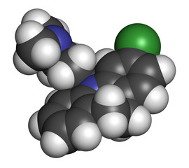 Clomipramine tricyclic antidepressant drug molecule. 