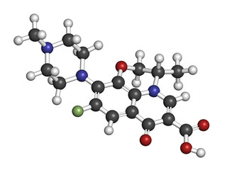 Ofloxacin fluoroquinolone antibiotic drug molecule. 