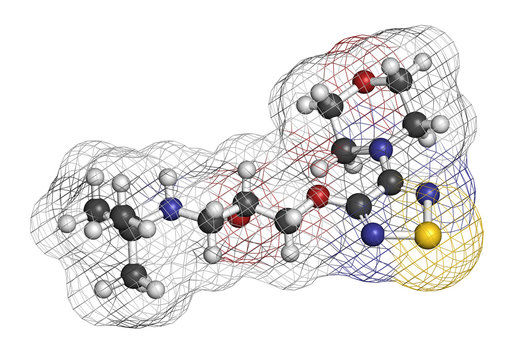 Timolol beta-adrenergic receptor antagonist drug molecule. 