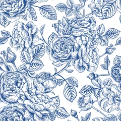 Deurstickers Blauw wit Naadloos patroon met rozen.