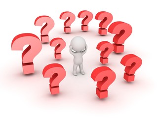3D Character with hands on his head and many red question marks