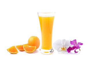 Orange juice and beautiful  orchids on white