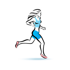 Fototapeta na wymiar running woman silhouette, outlined vector sketch, fitness concep