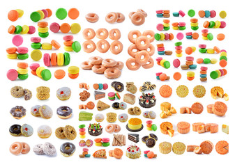 dessert, bread, cake, donuts, breadsausages isolated on white ba
