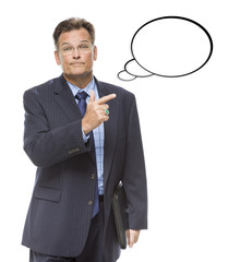 Businessman Pointing to the Blank Thought Bubble on White