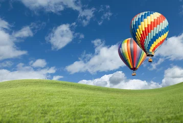 Washable wall murals Balloon Hot Air Balloons In Beautiful Blue Sky Above Grass Field