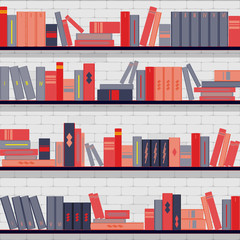 seamless pattern bookshelves, books on the brick wall background