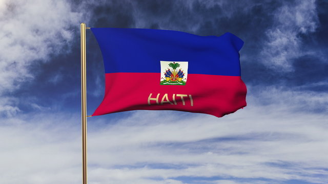Haiti flag with title waving in the wind. Looping sun rises