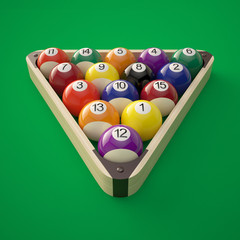 Naklejka premium Billiard balls in a triangle on a green billiard table