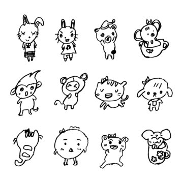 doodles of animal cartoon drawn by little girl, illustration vec