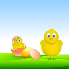Cute chicks with eggs for Happy Easter celebration.