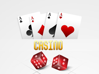 Playing cards with red dices for Casino on grey background.