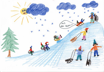 Obraz na płótnie Canvas Schlittenhügel mit Kindern im Winter - Kinderzeichnung