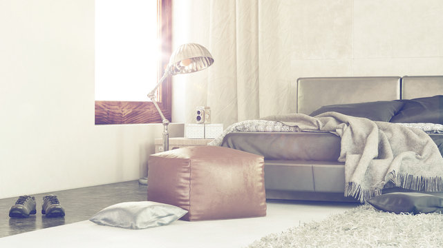 Bright sunny modern bedroom interior