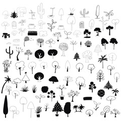 100 trees doodle vector set