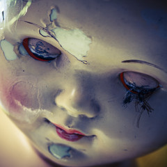 head of beatiful scary doll like from horror movie