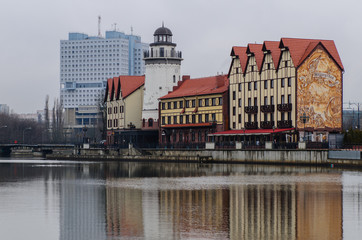 Fototapeta premium Fish village and the house of Soviets in Kaliningrad, Russia.