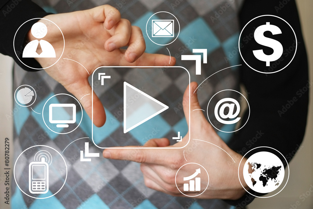 Poster business button play icon connection communication virtual.