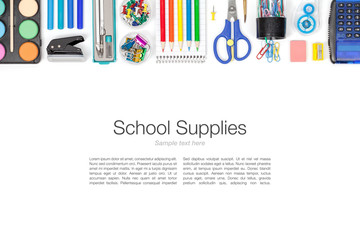 school tools on white background top view
