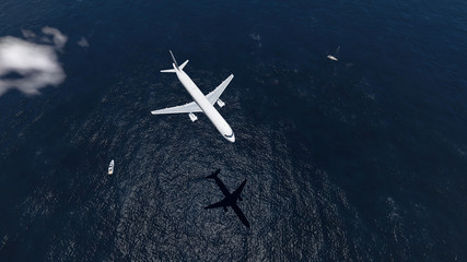 airplane flies over a sea