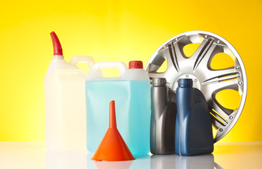 car care accessories with windshield washer fluid and motor oil 
