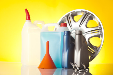 car care accessories with windshield washer fluid and motor oil