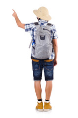 Young traveler with rucksack isolated on white
