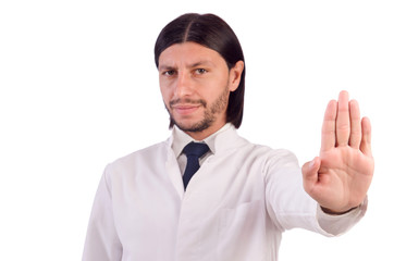 Young male doctor isolated on white