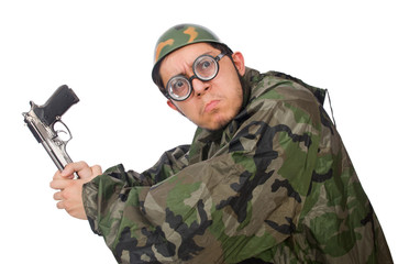 Military man with a gun isolated on white