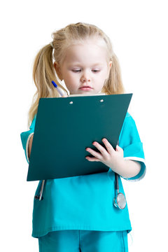 Kid girl in costume of doctor takes notes isolated