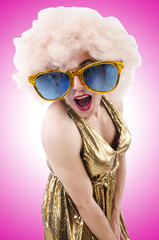 Man wearing woman clothing on white