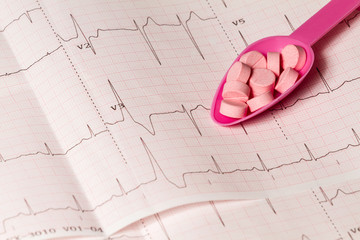 Pink pills in spoon on the result of electrocardiography