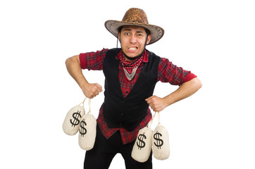 Young cowboy with money bags isolated on white