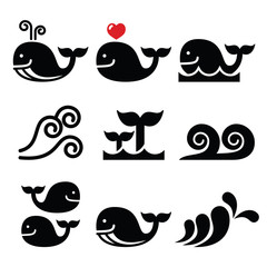 Whale, sea or ocean waves icons set