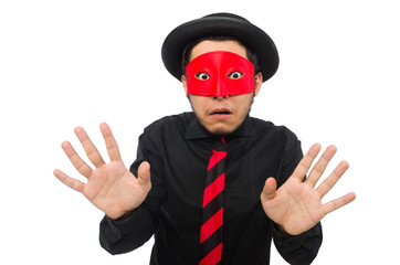 Young man with red mask isolated on white