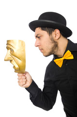 Young man with golden Venetian mask isolated on white