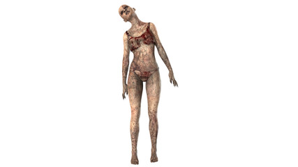 Walking dead zombie woman isolated on white background