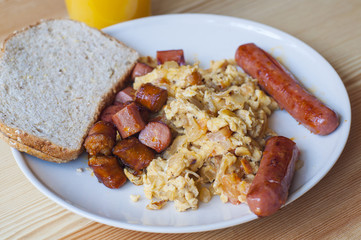 Breakfast with eggs and sausage