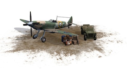 Fototapeta na wymiar Spitfire Airplane and Jeep - isolated on white background