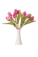 Vase with colourful tulips on white