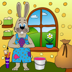 Easter greeting card with hare painting eggs