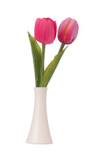 Vase with colourful tulips on white