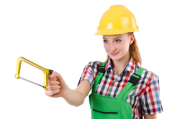 Female handyman in overalls isolated on white