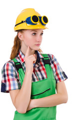 Female handyman in overalls isolated on white