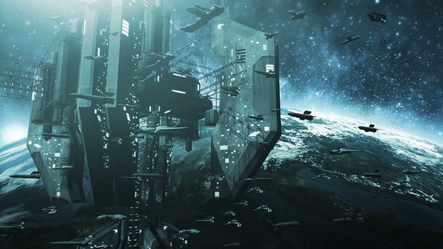 Fleet of futuristic spaceships and an impressive space station