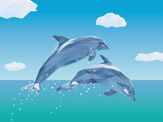 Fototapeta premium Two Low Poly Dolphins jumping Vector Illustration