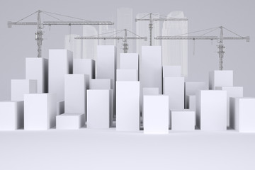 Many white cubes with wire-frame buildings and tower cranes
