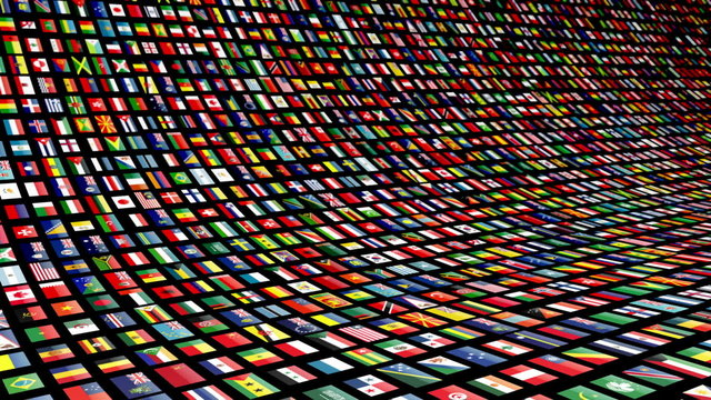 Animated video wall with flags of many nations. Loop-able