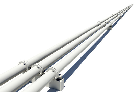 Three white industrial pipes stretching into distance. Isolated