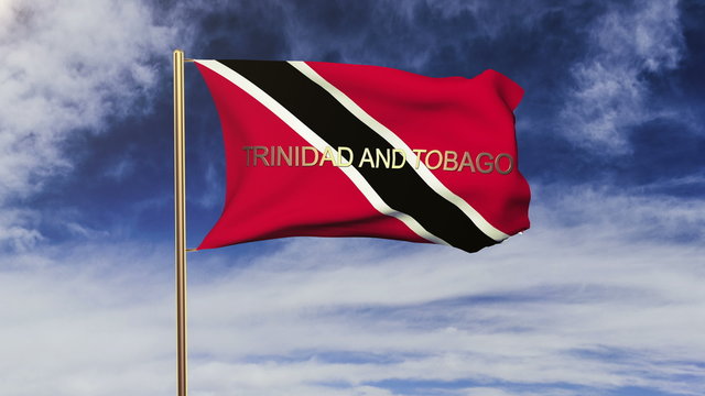 Trinidad and Tobago flag with title waving in the wind. Looping